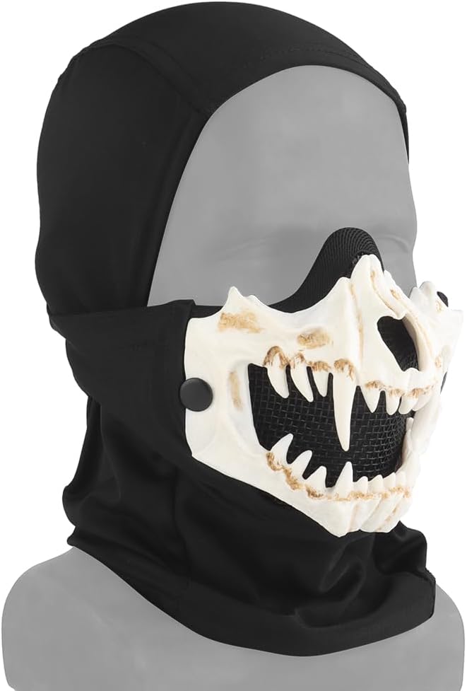 Let Me Be White Bone Fang Airsoft Paintball Mask with Steel Mesh, Highly Breathable Balaclava Headgear, Portable Adjustable Tactical Mask (White) - Image 1